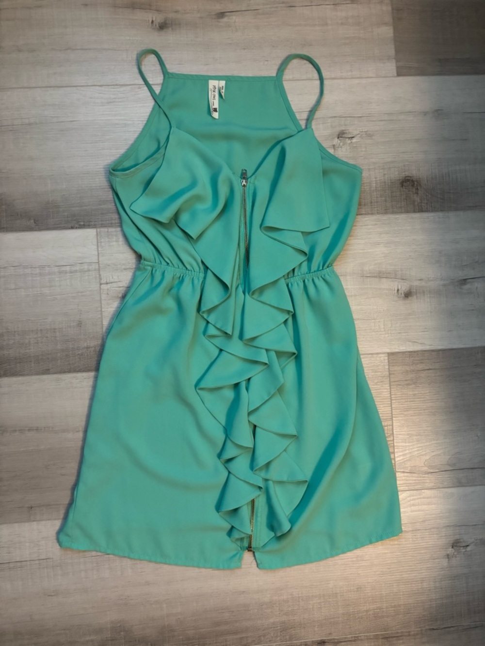 ⭐️ SALE - Pink Owl Teal Ruffle Front Dress Size Medium Sleeveless Zip Front